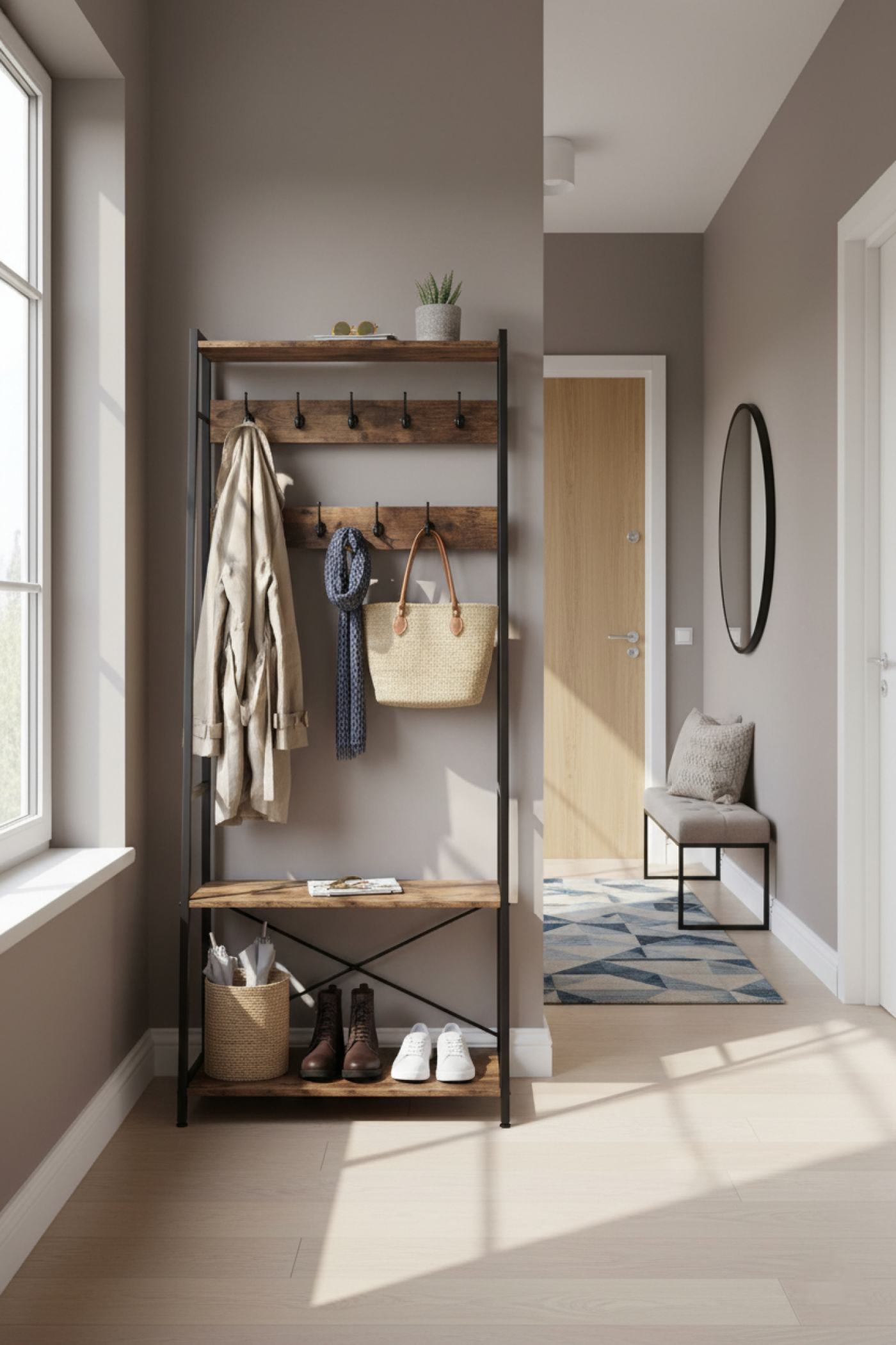 Industriële Kapstok met Bankje en Schoenenplank - Stoer en Stijlvol! - alternatieve afbeelding