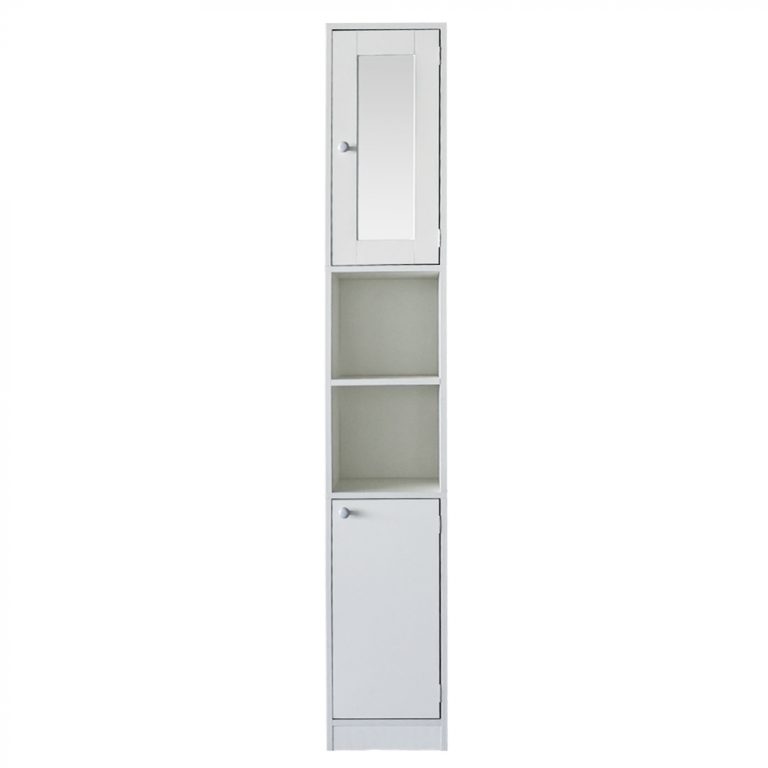 Kolomkast badkamer - opbergkast badkamer of hal - met spiegel - 180 cm hoog - wit