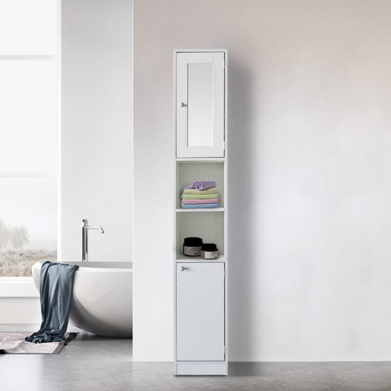 Kolomkast badkamer - opbergkast badkamer of hal - met spiegel - 180 cm hoog - wit - alternatieve afbeelding