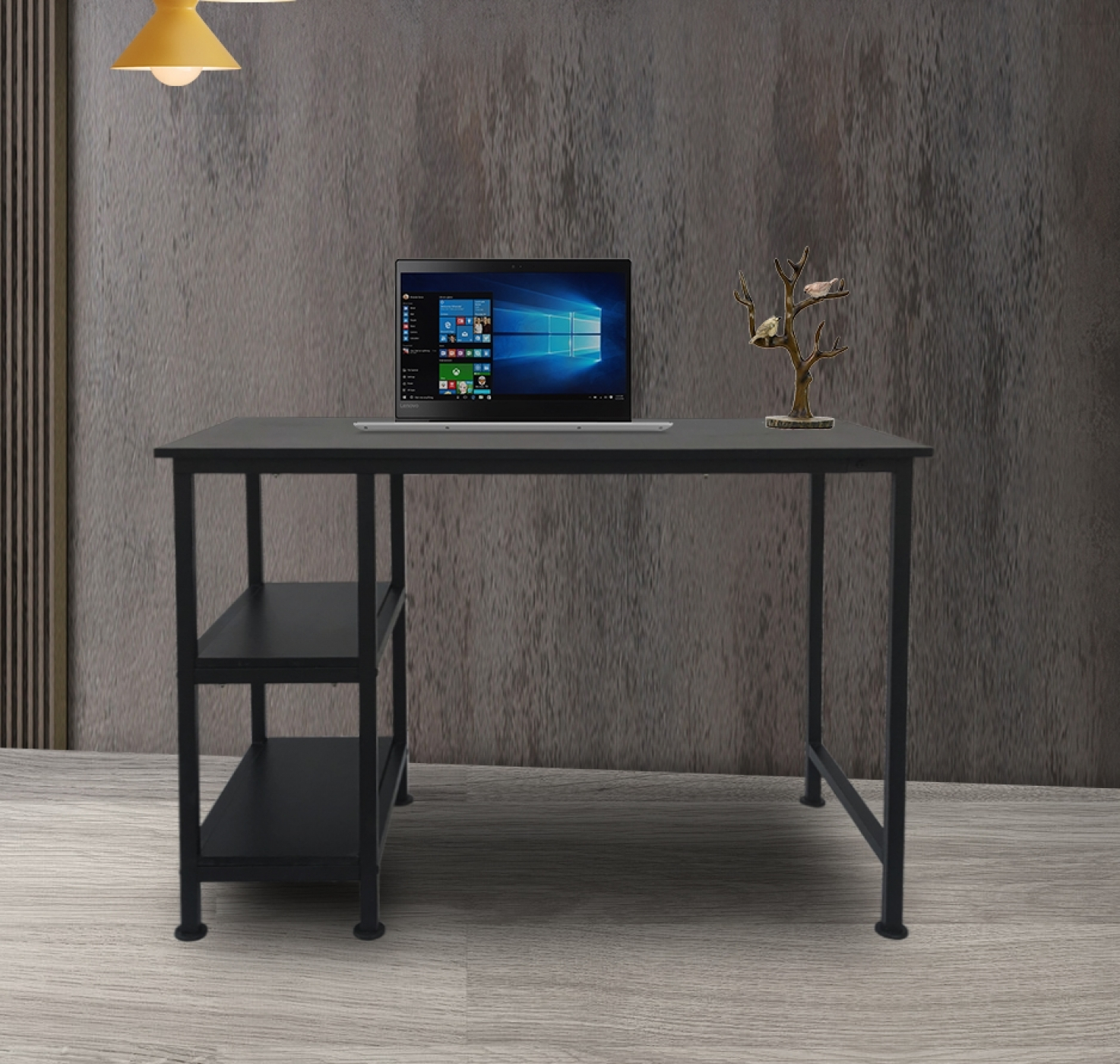 Bureau computer tafel - met opbergplanken - zwart metaal hout - 110 cm breed - alternatieve afbeelding