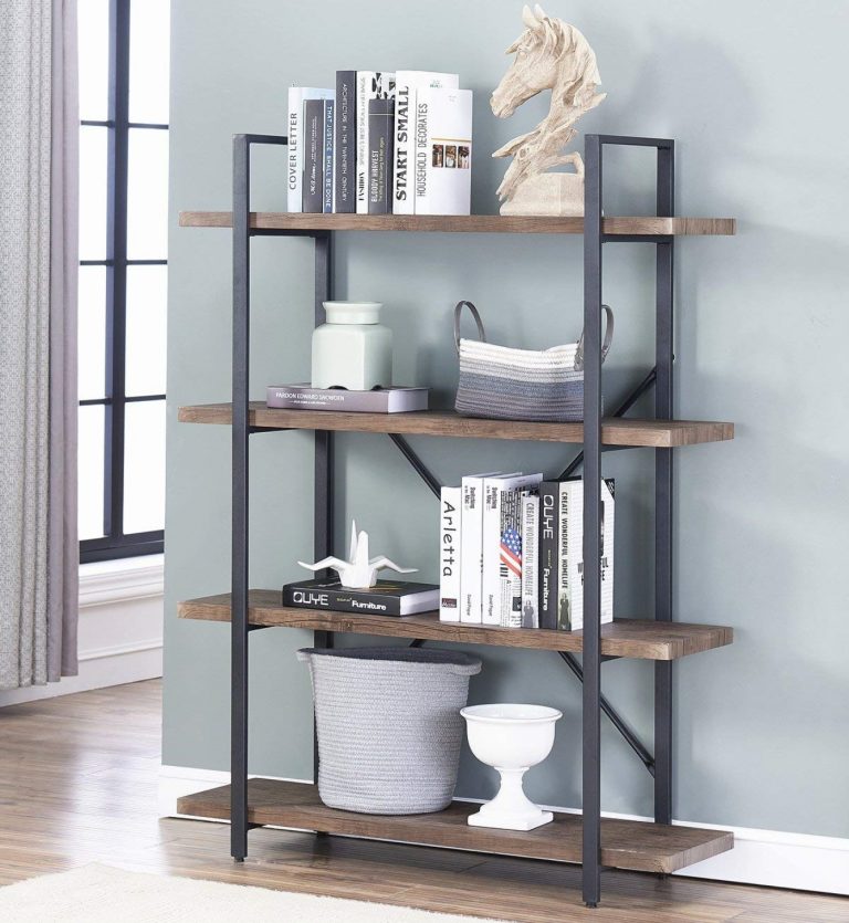Wandkast Stoer -  metaal hout industrieel design open boekenkast 140 cm hoog zwart - alternatieve afbeelding