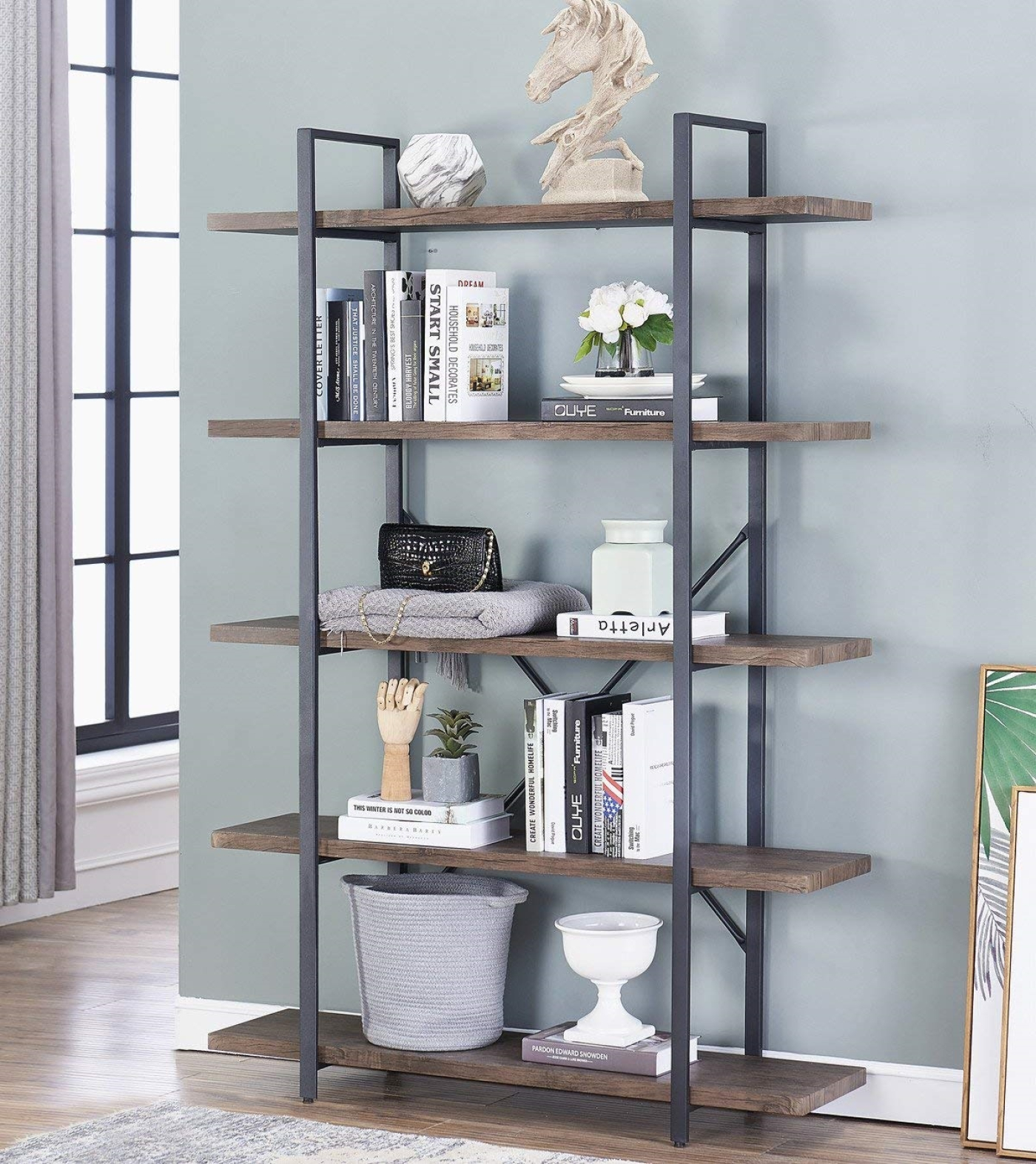 Wandkast boekenkast Stoer industrieel design metaal hout 178 cm hoog zwart - alternatieve afbeelding