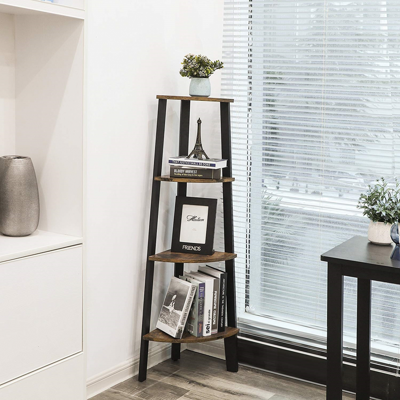 Hoekkast Stoer metaal hout industrieel design boekenkast 125 cm hoog zwart - alternatieve afbeelding