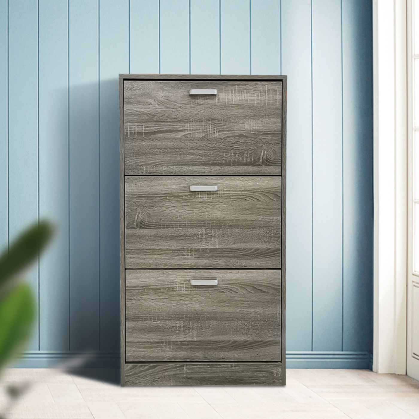 Schoenenkast - schoenenrek - 3 vakken met klepdeuren - grijs bruin kleurig - alternatieve afbeelding