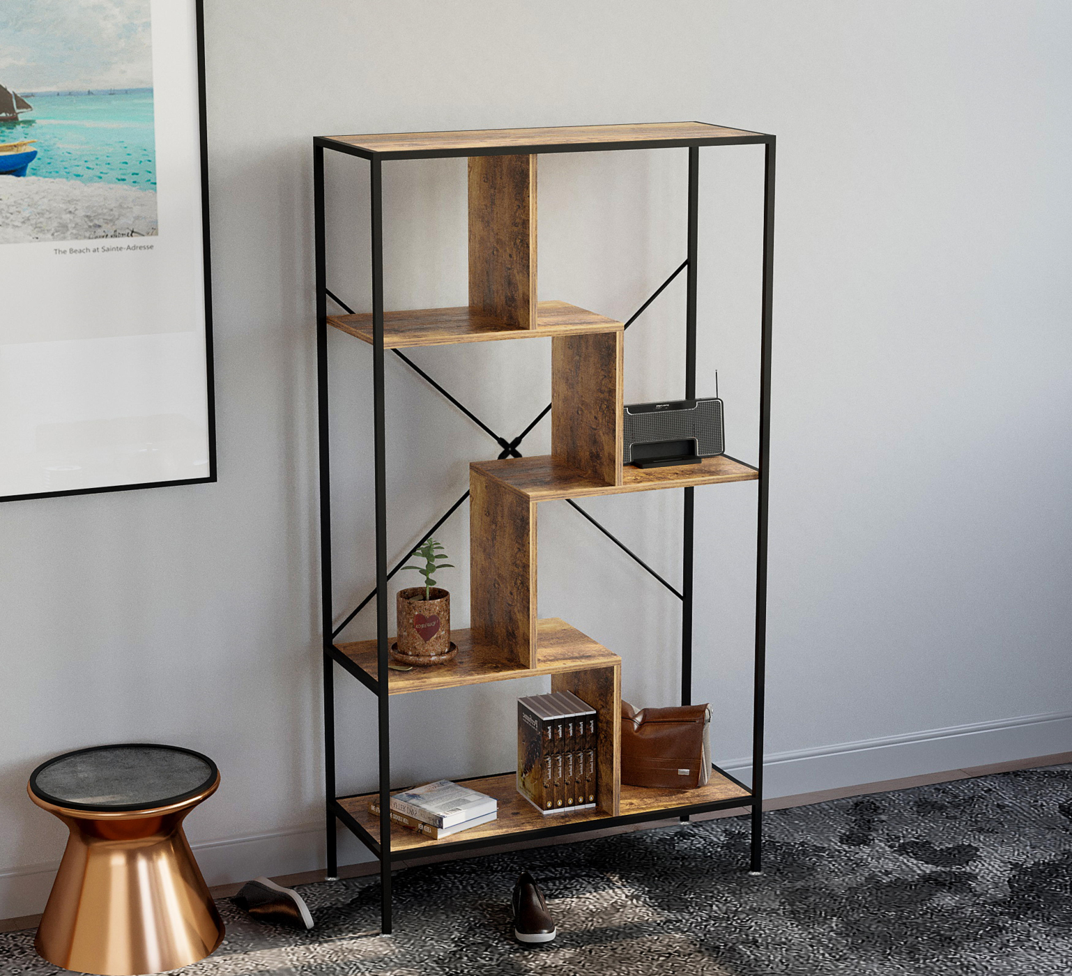 Wandkast boekenkast Stoer - open vakkenkast - industrieel - metaal hout - 147 cm hoog - alternatieve afbeelding