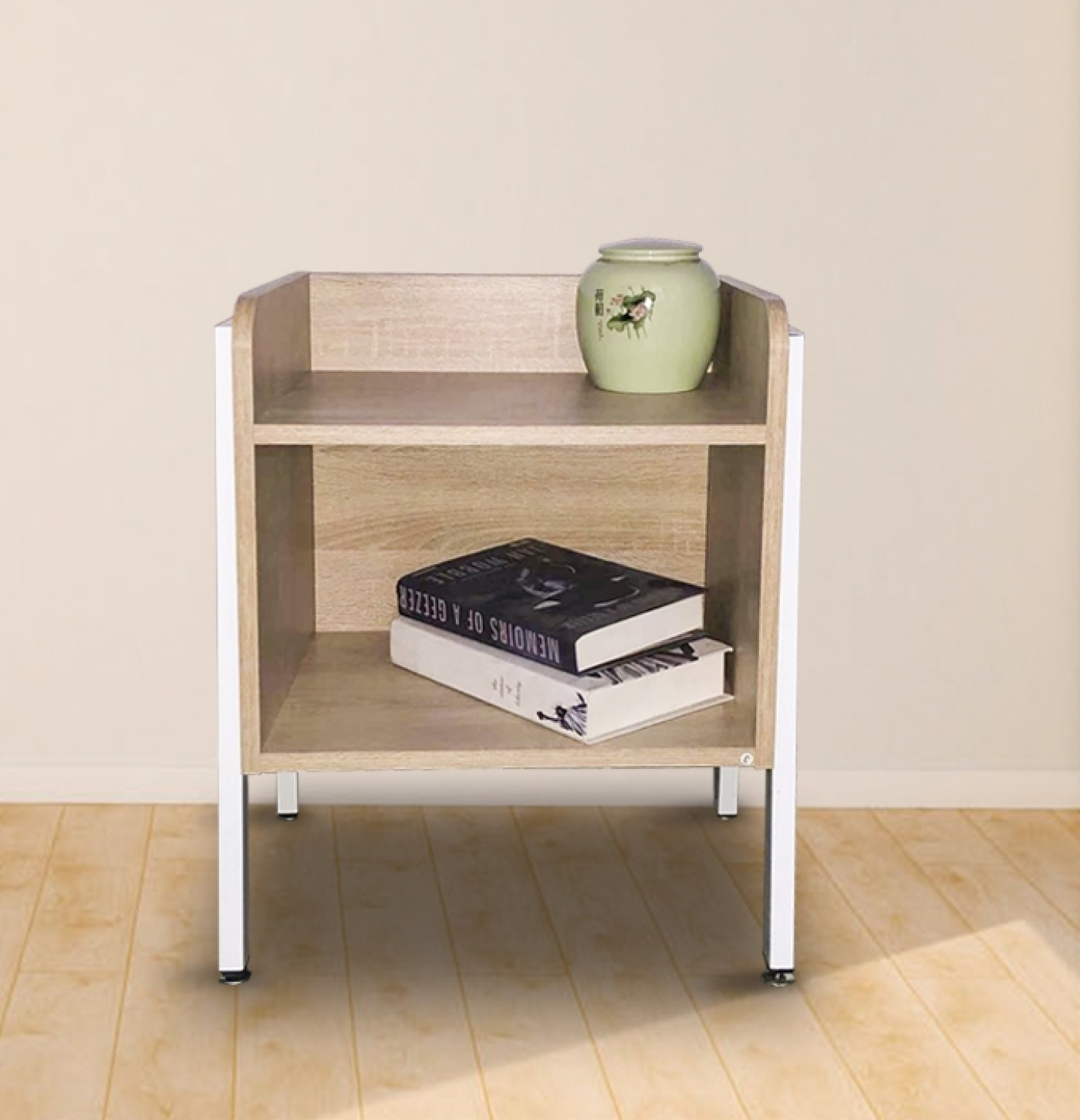 Nachtkastje bijzettafel Stoer - industrieel vintage - wit metaal bruin hout - alternatieve afbeelding