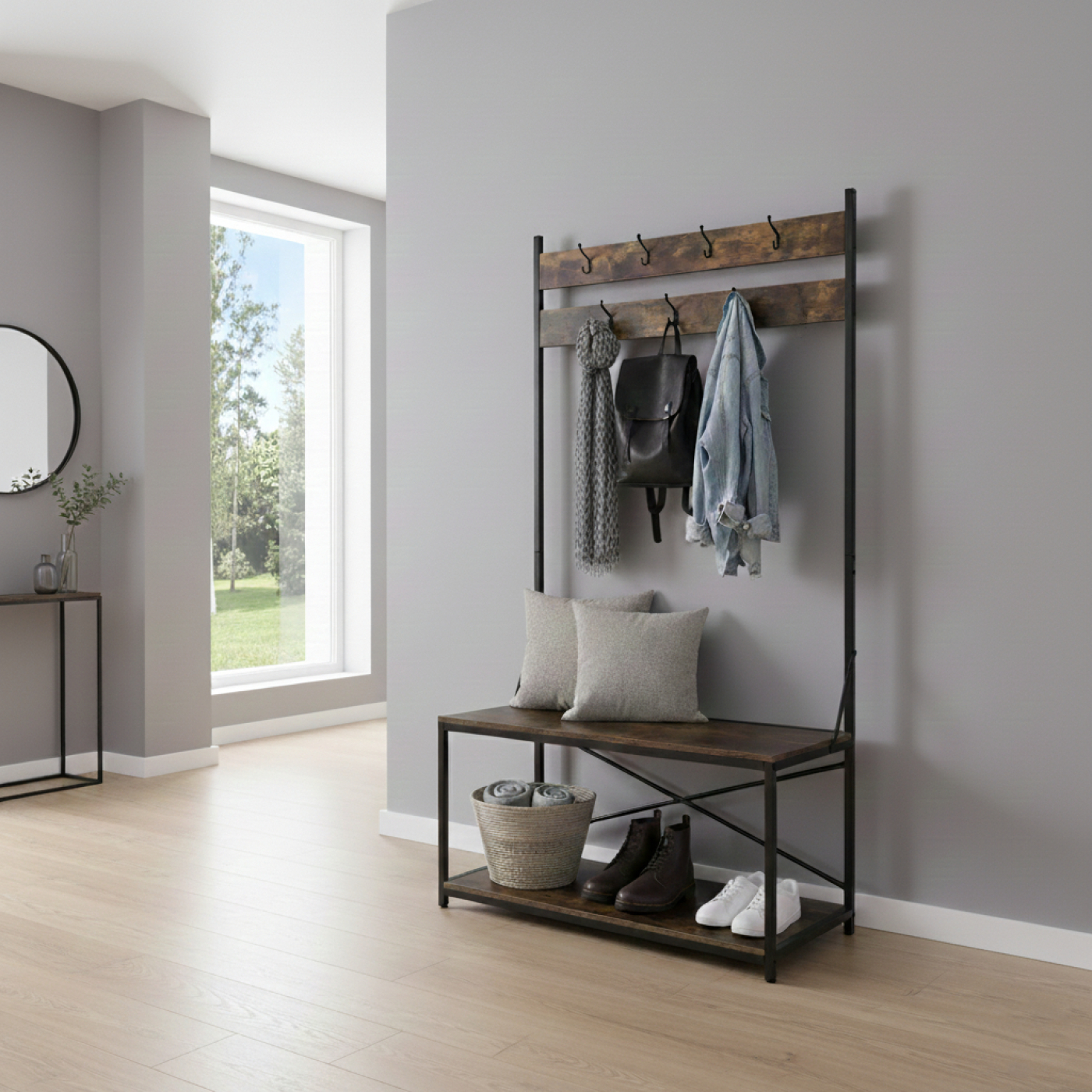 Kapstok staande groot garderobe rek Stoer - met zitbankje schoenenrek - industrieel metaal hout - 183 cm hoog - alternatieve afbeelding