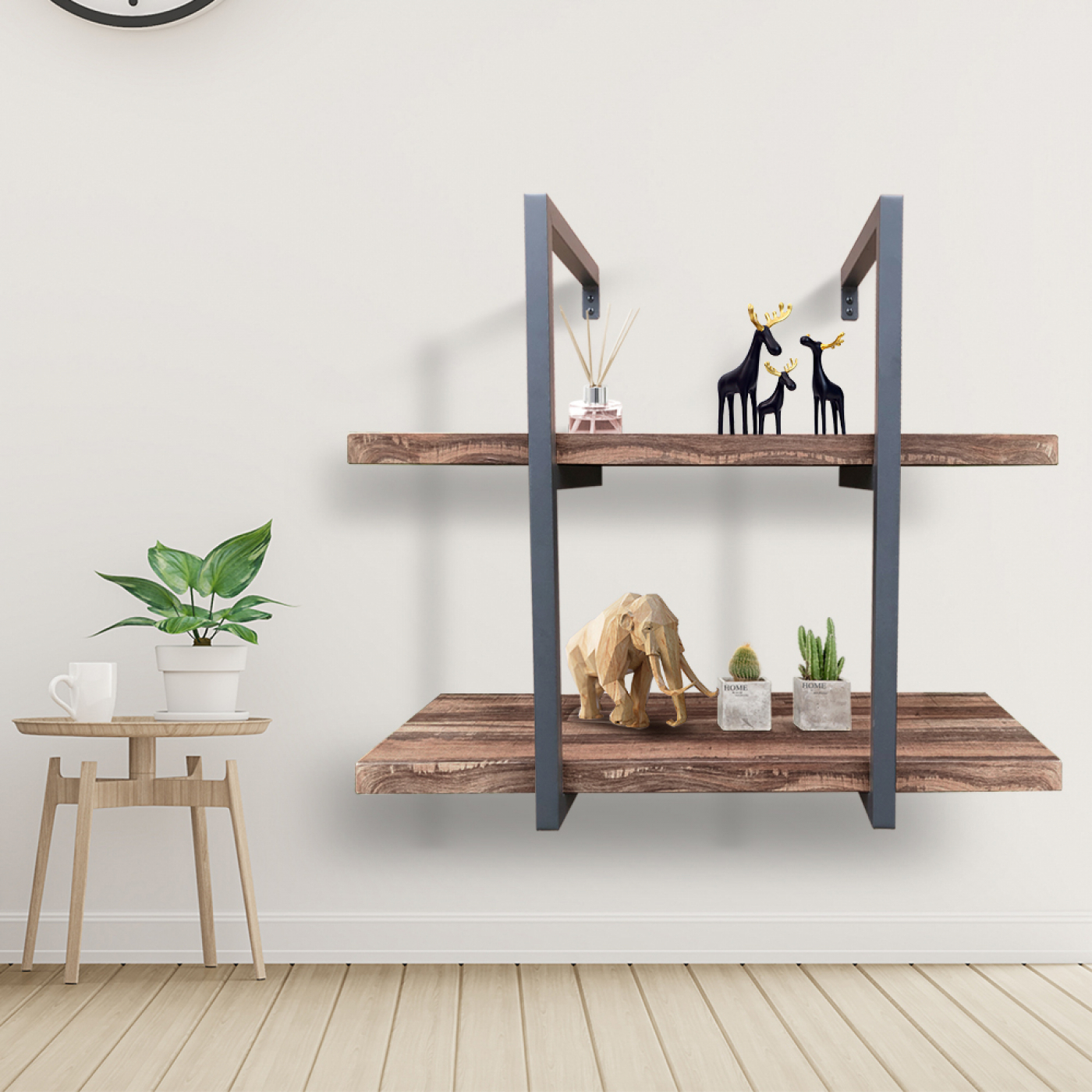 Wandrek ladder Stoer - wandplank boekenkast - wandkast - industrieel - 2 opbergplanken - alternatieve afbeelding