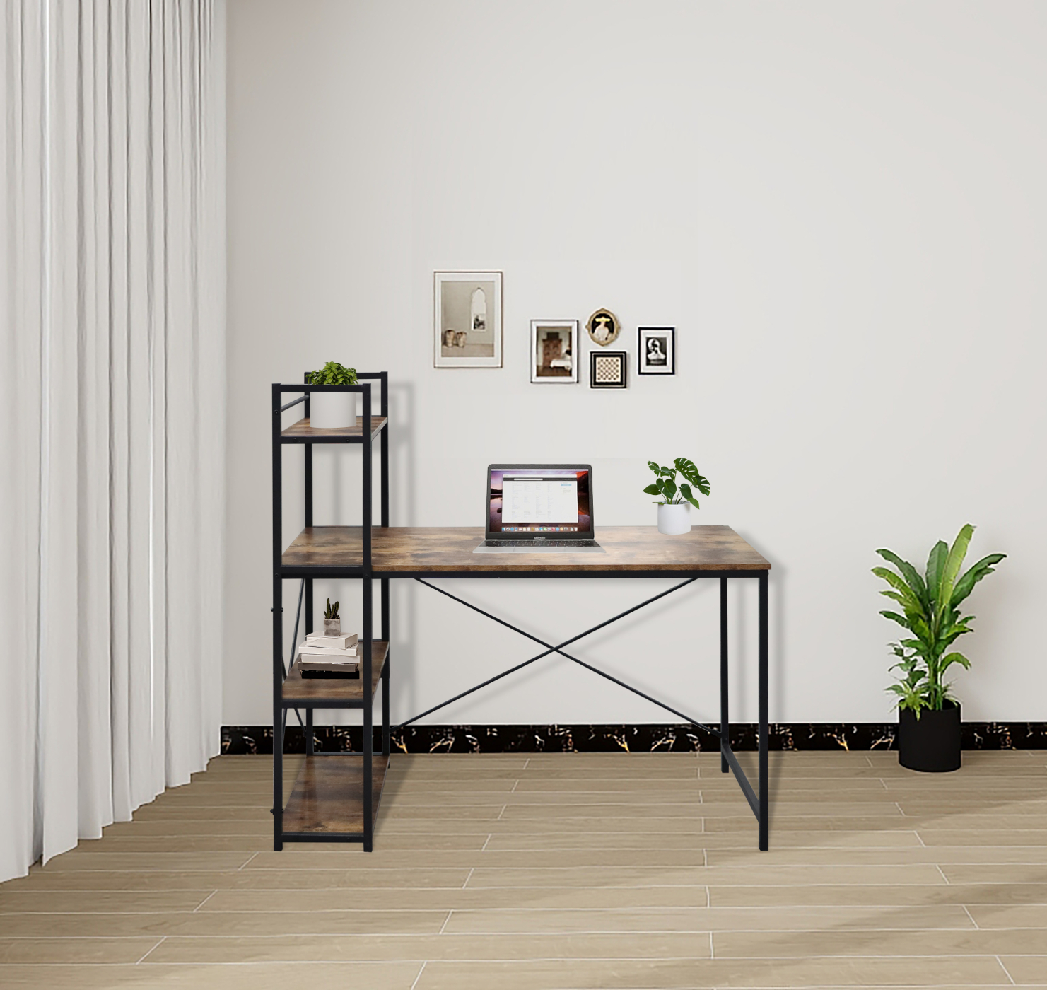 Bureau computertafel Stoer - 3 opbergplanken - industrieel vintage bruin - metaal hout - alternatieve afbeelding