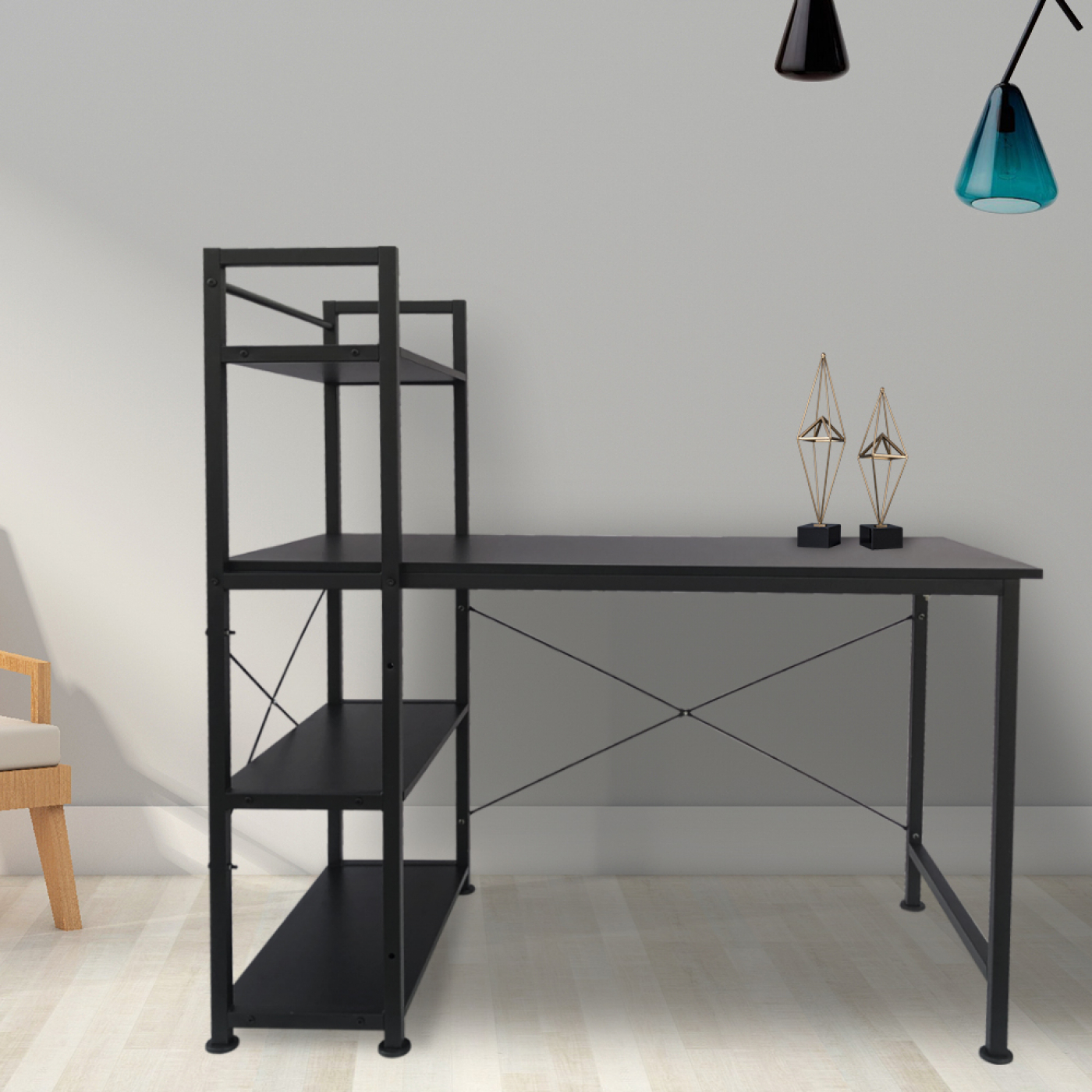 Bureau computertafel Stoer - 3 opbergplanken - industrieel modern - metaal hout - zwart - alternatieve afbeelding