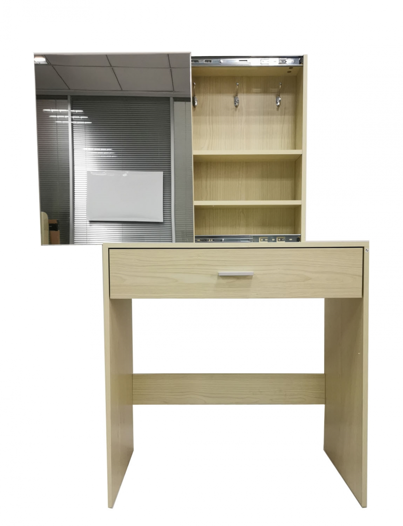 Kaptafel make up visagie opmaaktafel met spiegelkastje en opberglade lichtbruin - alternatieve afbeelding