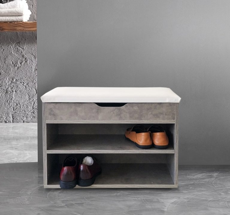 Halbankje schoenen opbergvakken - schoenenrek met zitkussen - industrieel grijs beton - alternatieve afbeelding