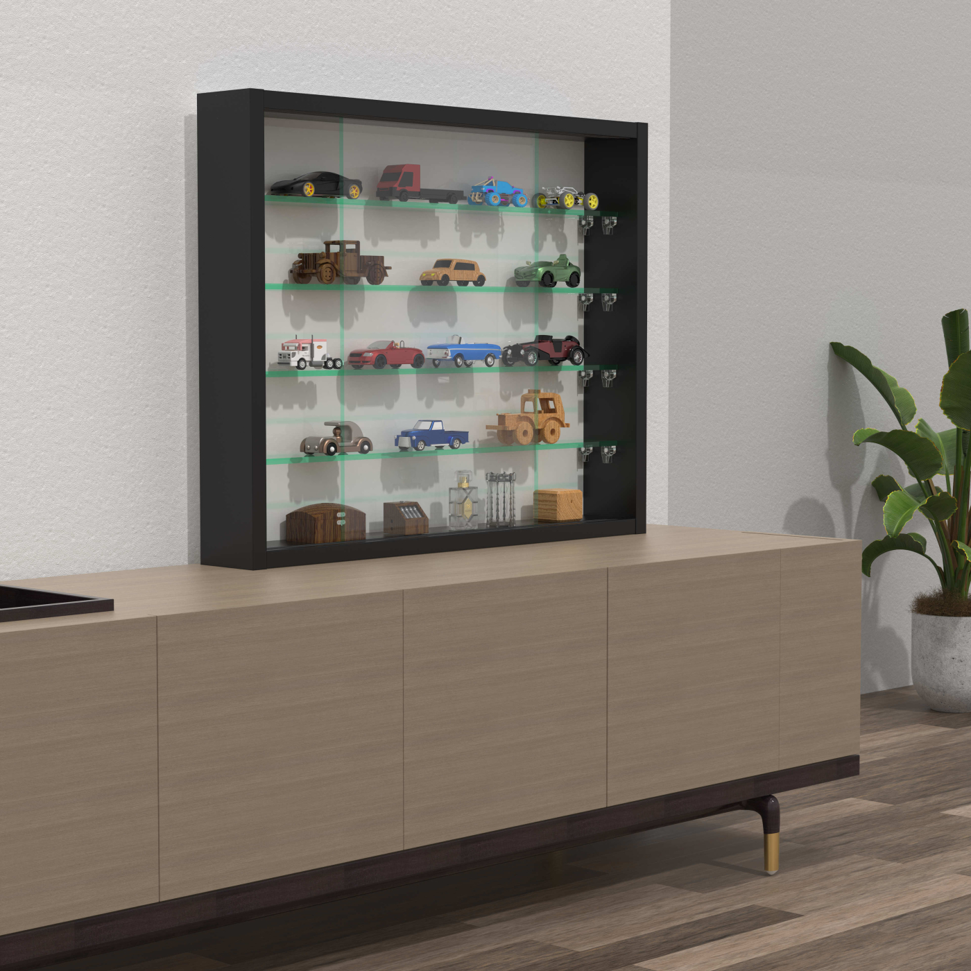 Vitrinekast staande hangende wandvitrine - glasplanken 4.5 cm diep - schuifdeuren - alternatieve afbeelding