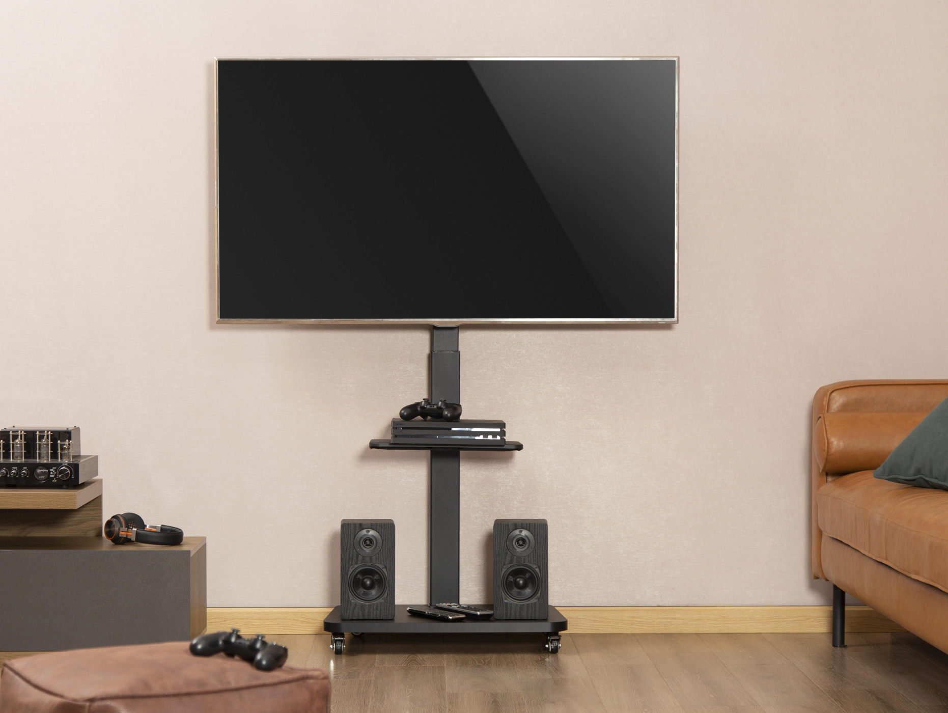 VDD - TV statief - TV statief verrijdbaar - TV statief zwart - TV standaard - TV statief met plank - TV standaard verrijdbaar - draaibaar - 32 inch tot 65 inch - alternatieve afbeelding