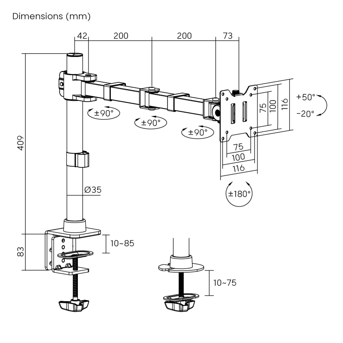 VDD - heavy duty monitorarm - max 20kg - max 49 inch - 1 monitor - alternatieve afbeelding