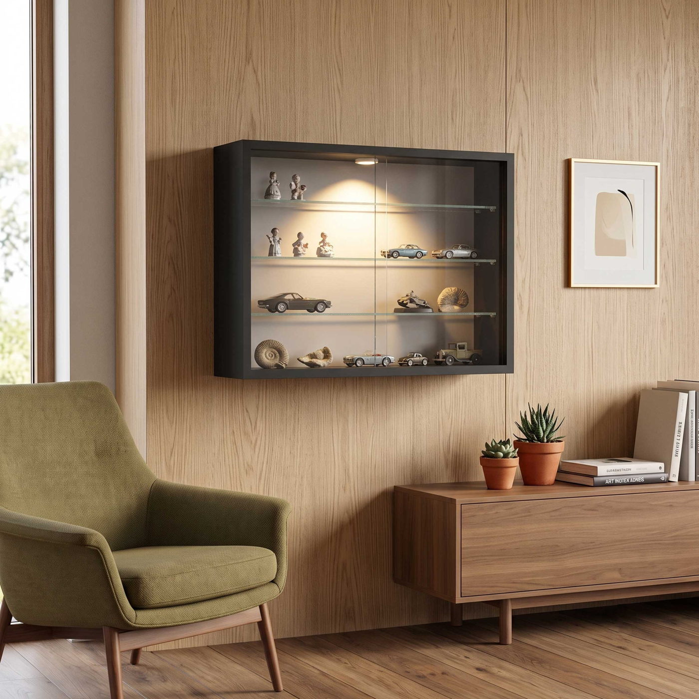 VDD – Vitrinekast – Vitrinekast met glas – Vitrinekast met led verlichting – Vitrinekastje - 50 x 12 x 40 cm - Zwart - alternatieve afbeelding